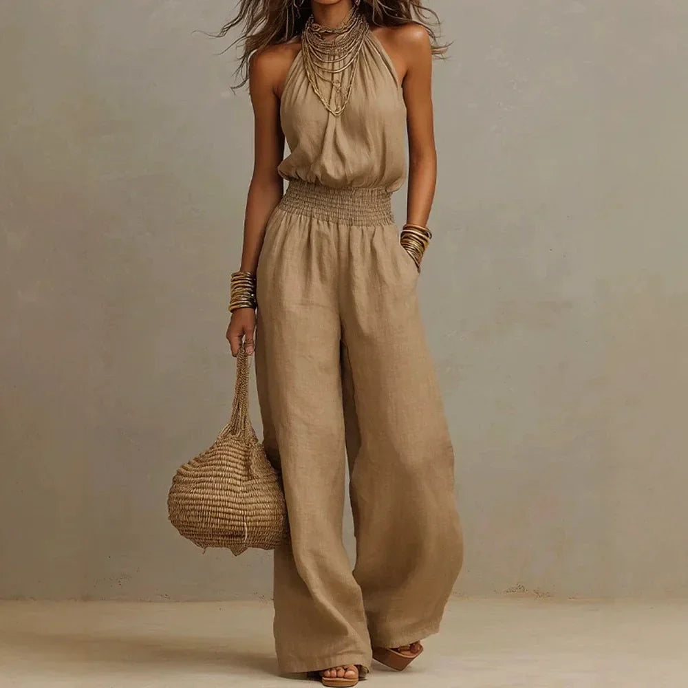 Halter Womens Wide-Leg Jumpsuit, Elastic Waist Flowy
