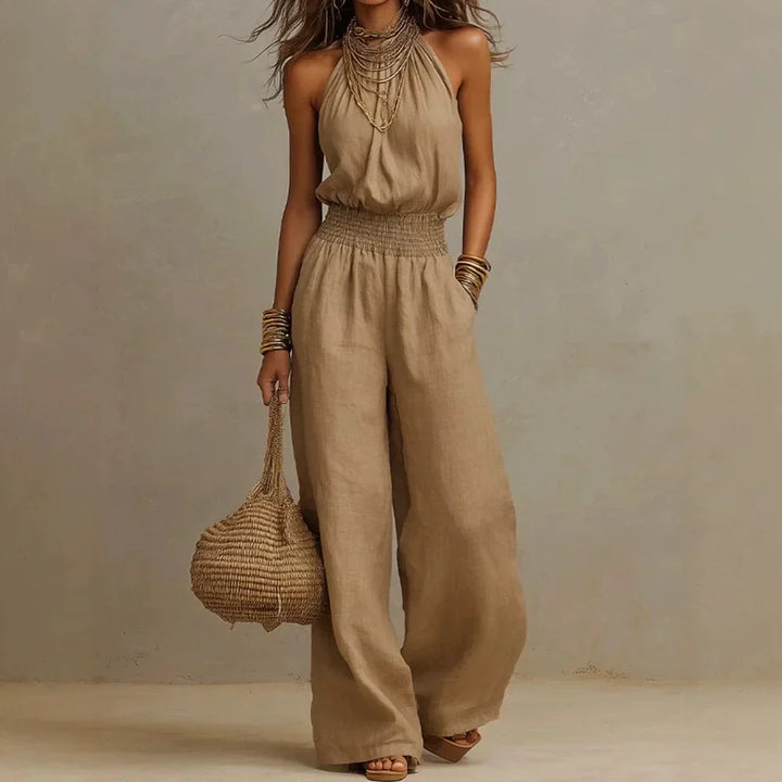 Halter Womens Wide-Leg Jumpsuit, Elastic Waist Flowy