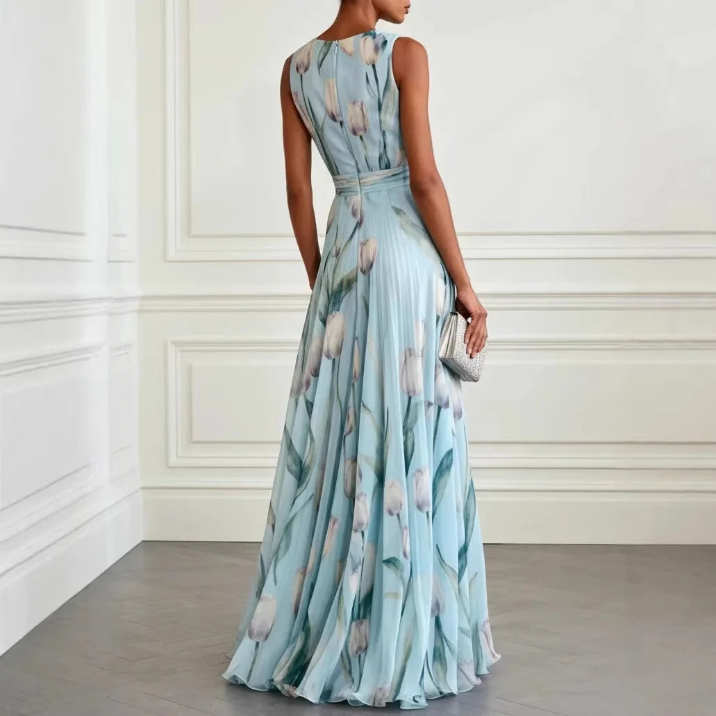 Tulip Print Chiffon Womens Maxi Dress, V-Neck Sleeveless