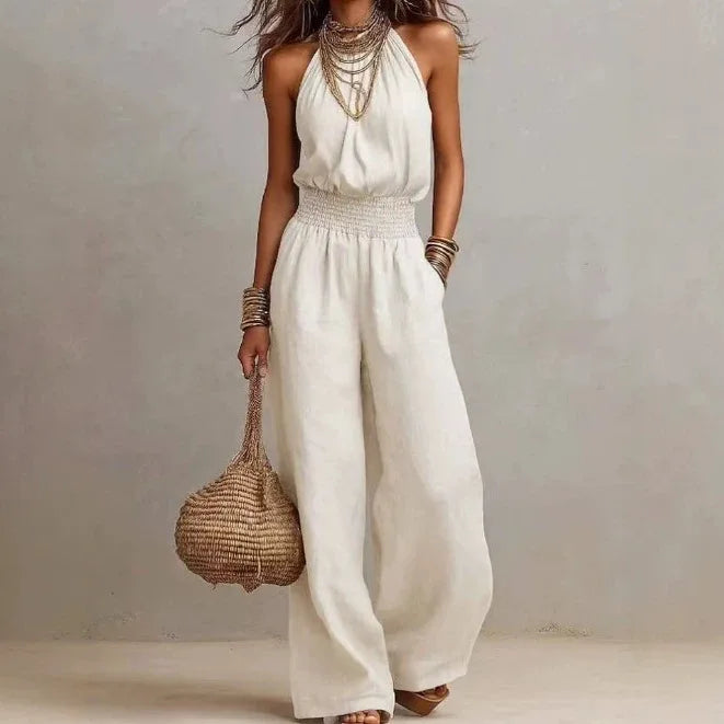 Halter Womens Wide-Leg Jumpsuit, Elastic Waist Flowy