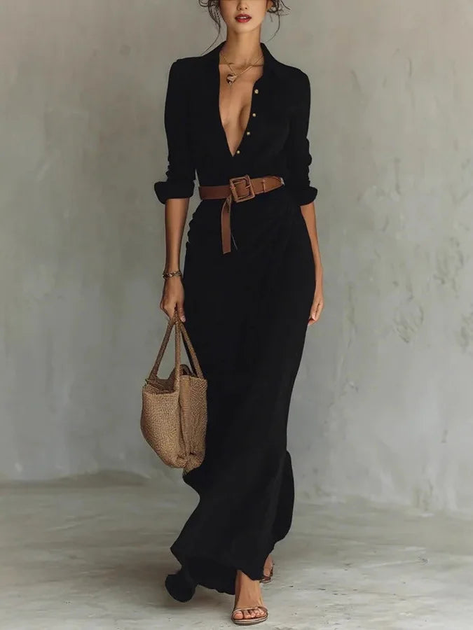 V-Neck Tie-Waist Womens Wrap Maxi Dress, Pleated Flow