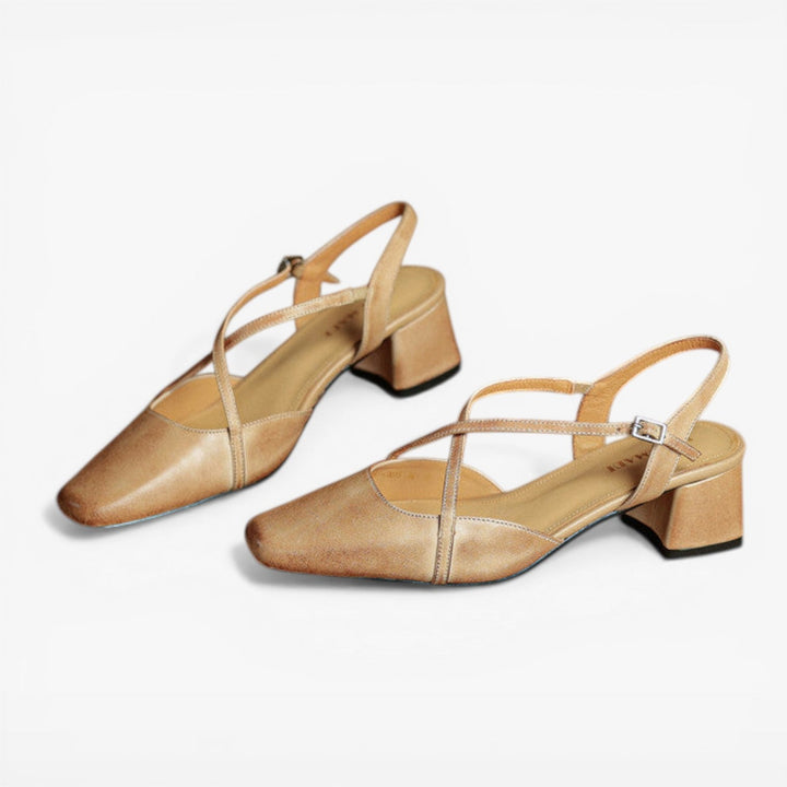 Leather Block-Heel Closed-Toe Womens Slingbacks, Buckle