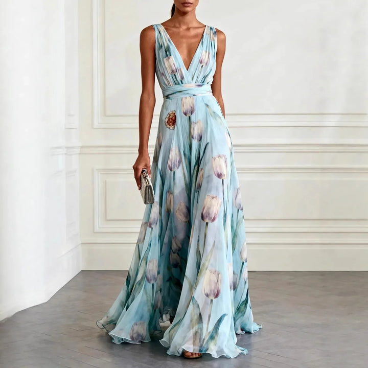 Tulip Print Chiffon Womens Maxi Dress, V-Neck Sleeveless