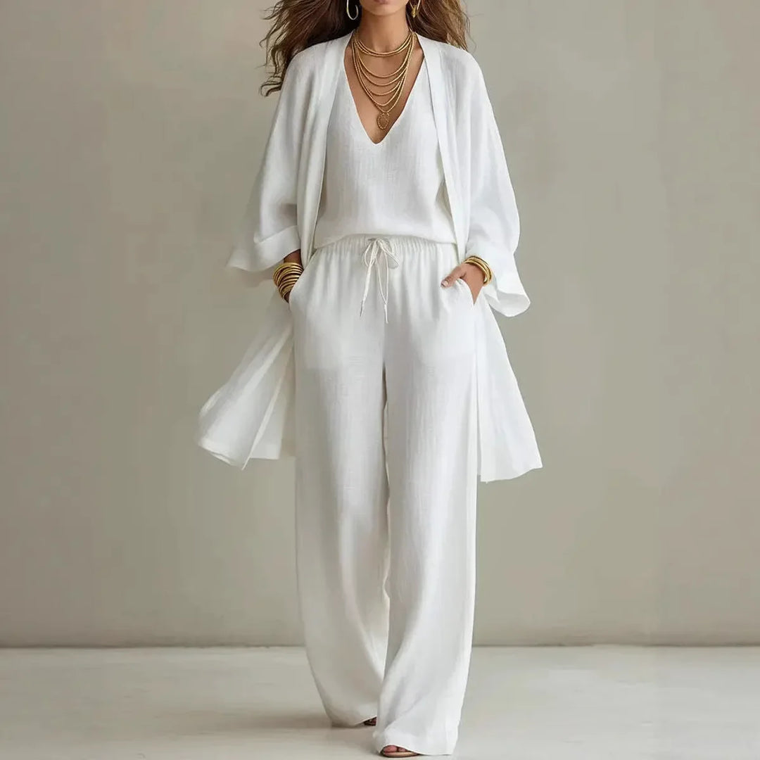 Linen Womens Three-Piece Lounge Set, Cardigan &amp; Pants