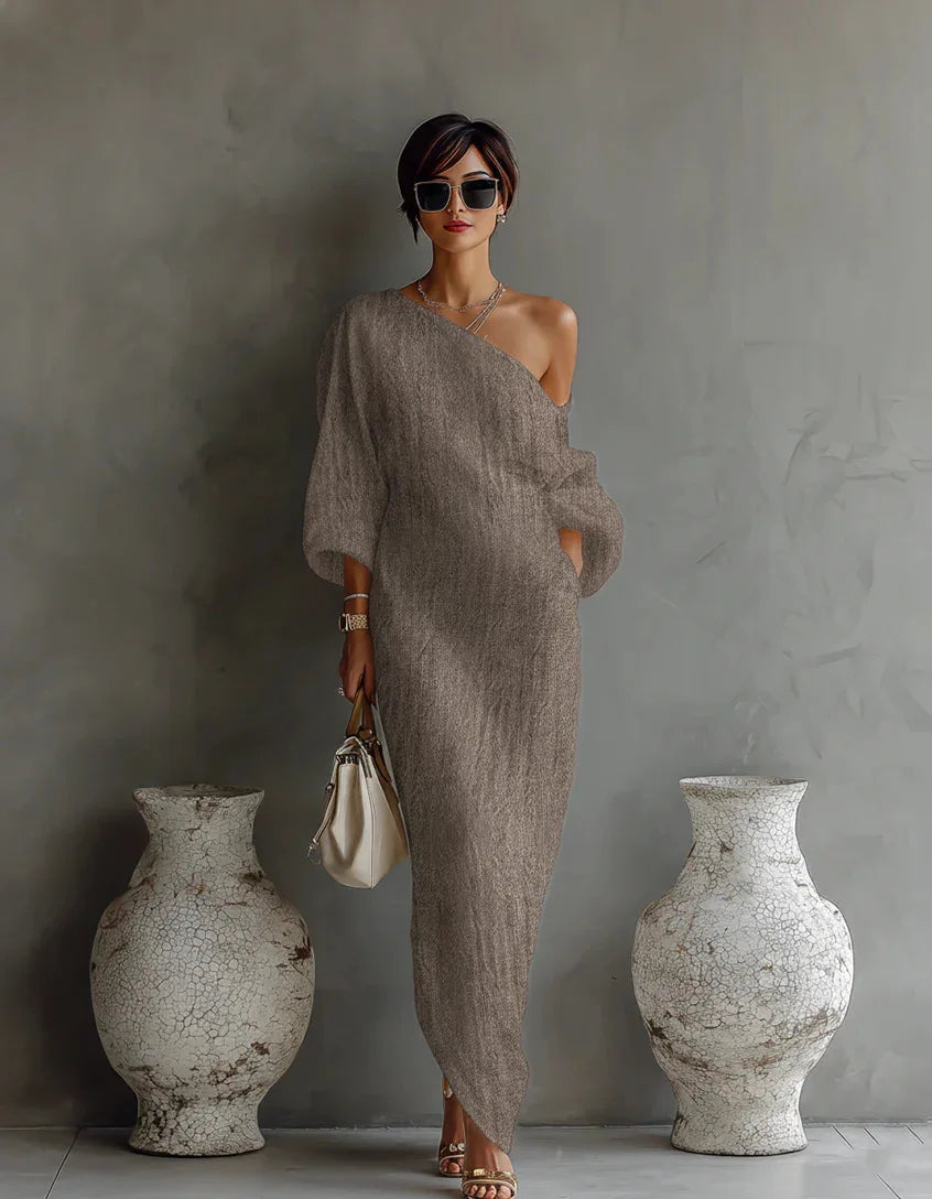 One-Shoulder Batwing Womens Midi Dress in Linen Blend