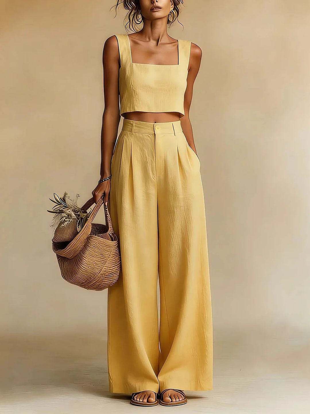 Crop Top &amp; Palazzo Pants Womens Set, Square-Neck