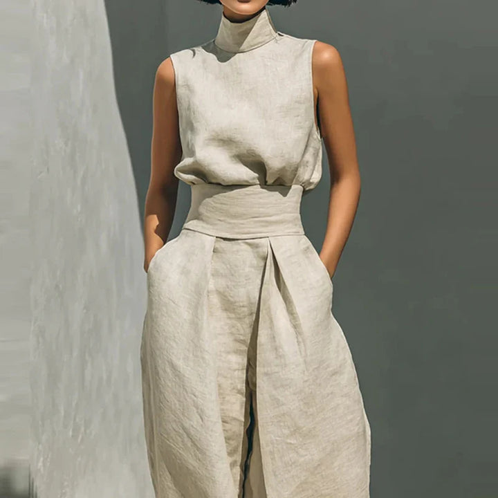 Linen Womens Two-Piece Set, Top &amp; Wide-Leg Pants, Relaxed