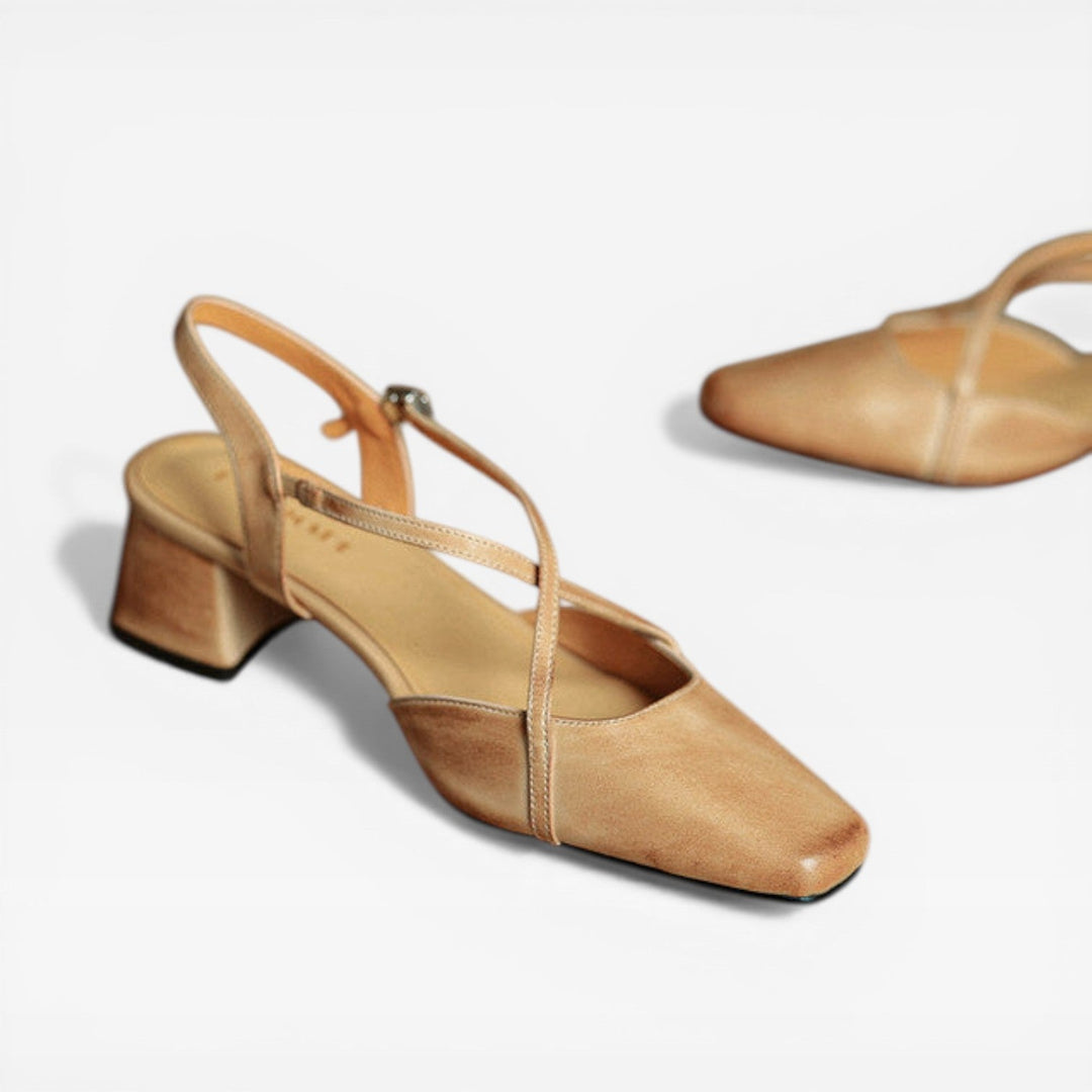 Leather Block-Heel Closed-Toe Womens Slingbacks, Buckle