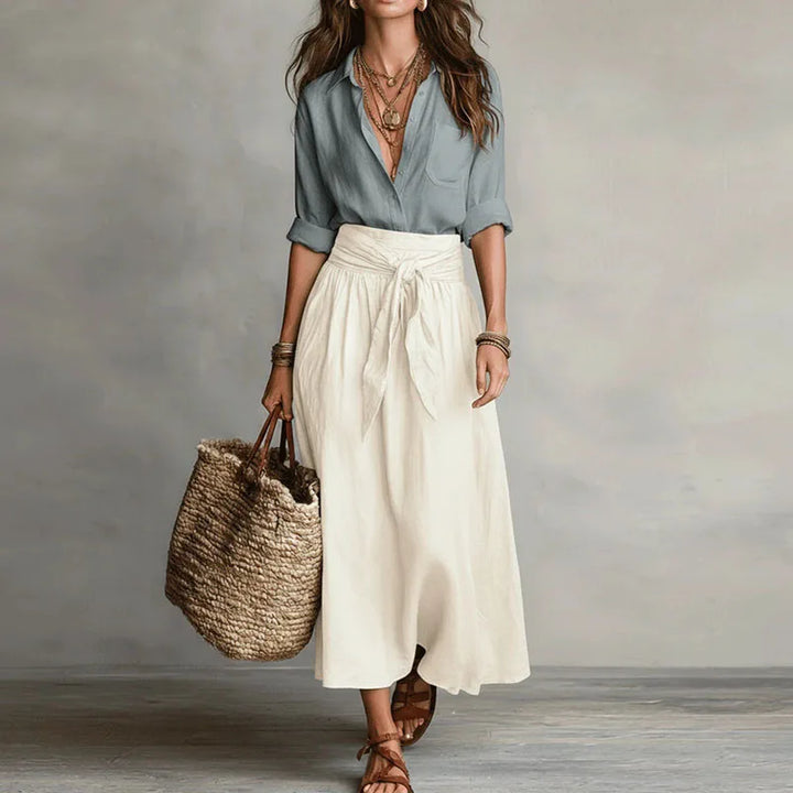 Linen Womens Co-Ord Set, Button-Down Top &amp; Midi Skirt