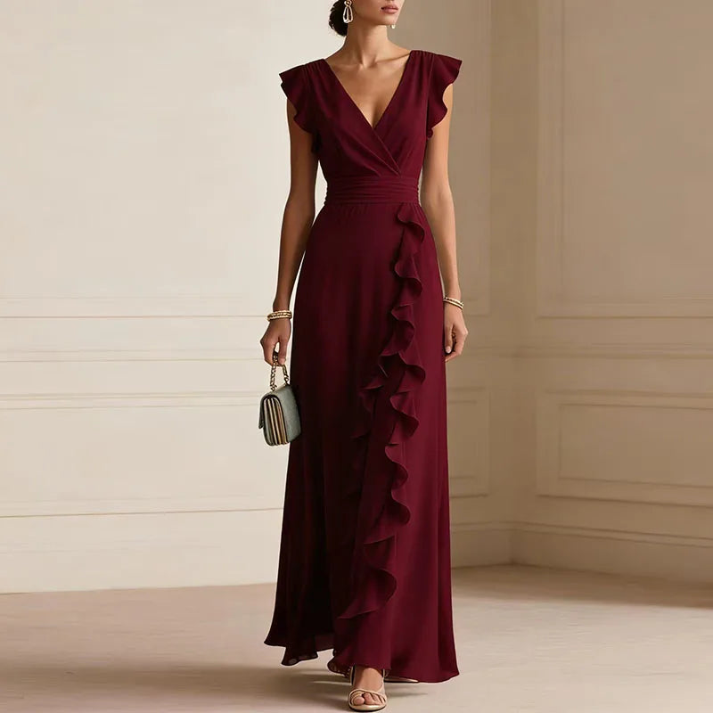 Deep V-Neck Ruffle Womens Maxi Dress, Butterfly Sleeve