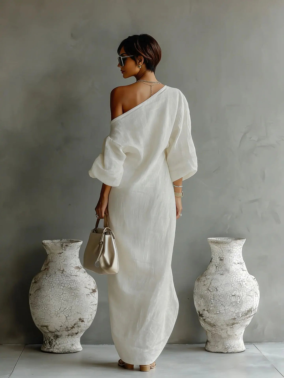 One-Shoulder Batwing Womens Midi Dress in Linen Blend