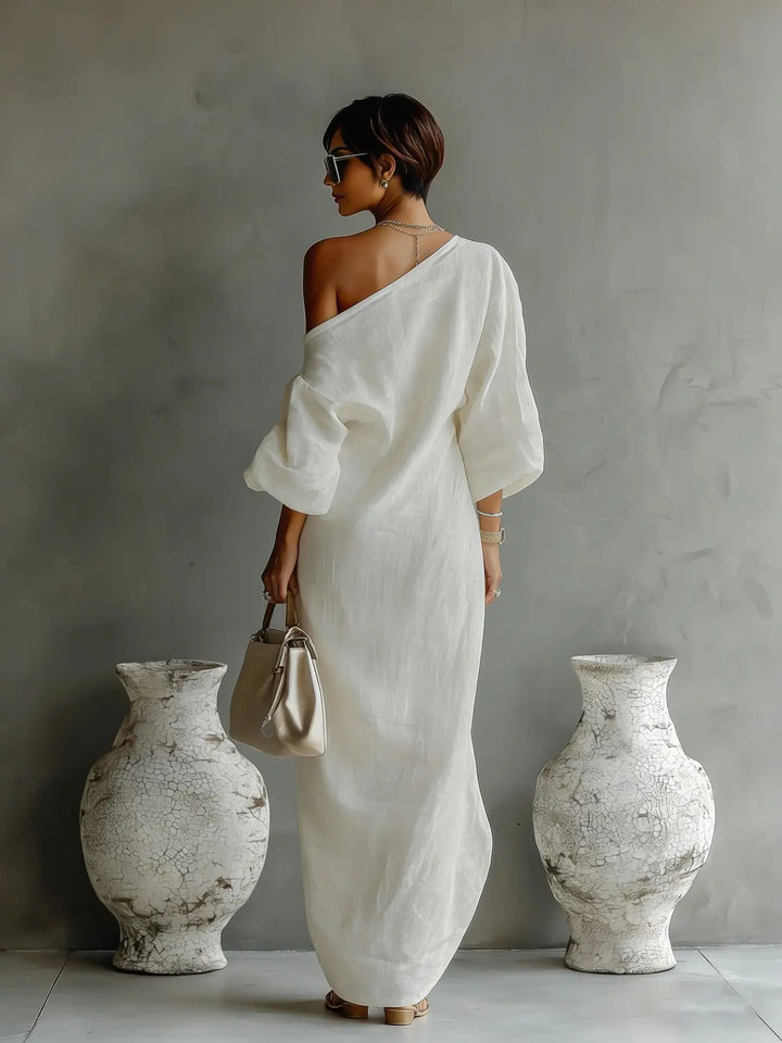 One-Shoulder Batwing Womens Midi Dress in Linen Blend