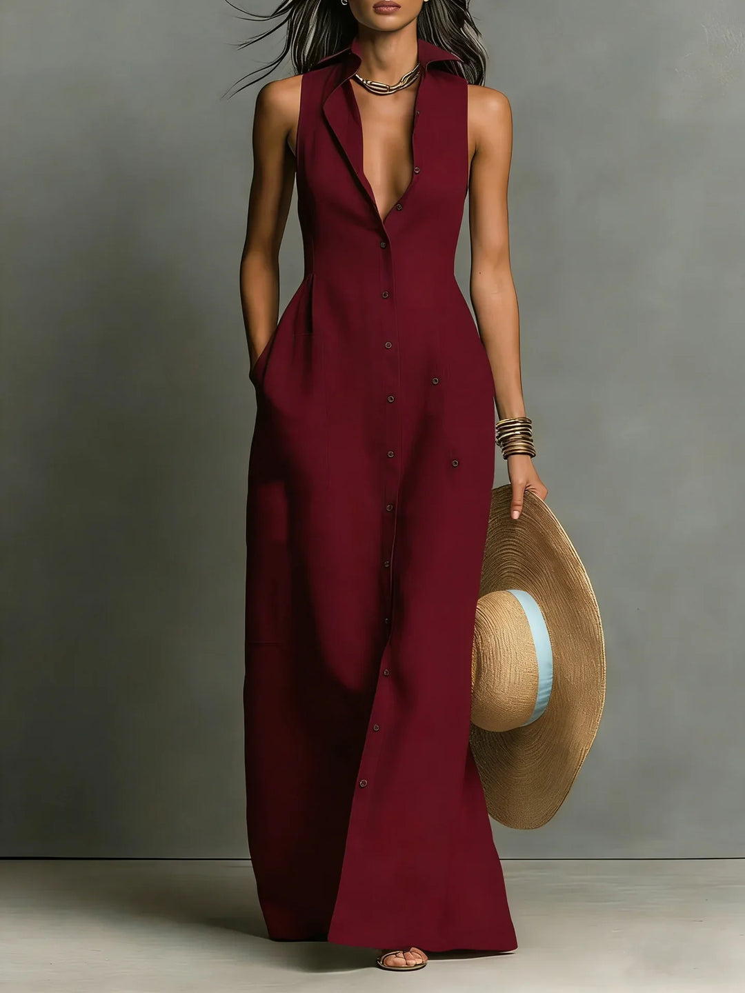 Sleeveless Tailored Lapel Womens Shirt Dress, Fitted