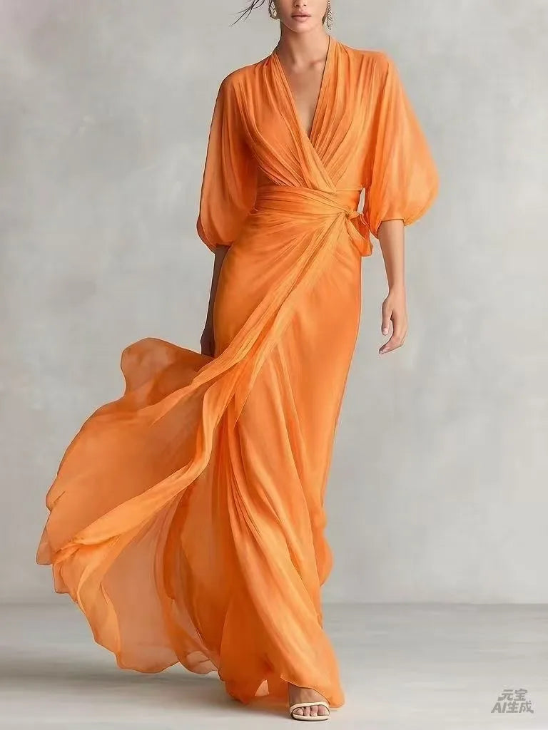 Deep V-Neck Chiffon Womens Wrap Maxi Dress, Batwing