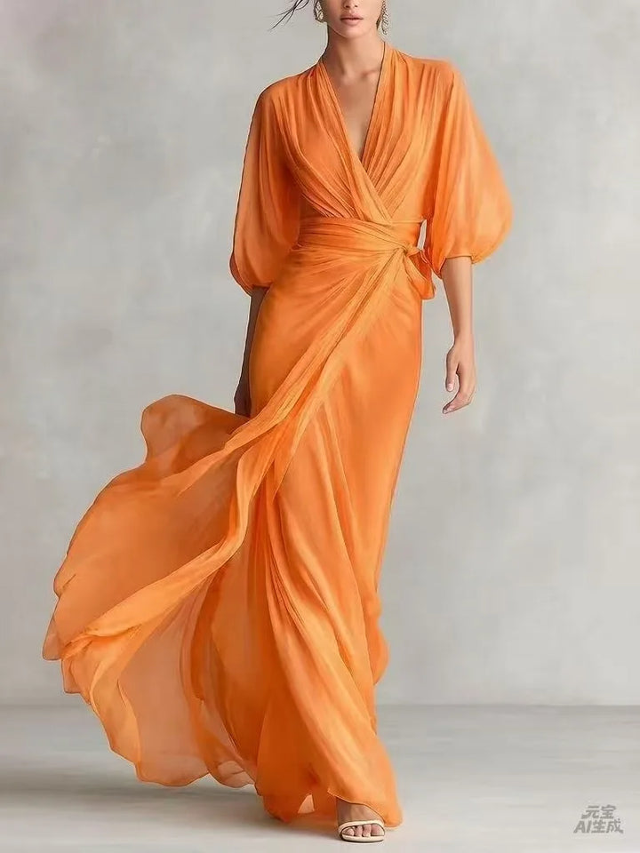 Deep V-Neck Chiffon Womens Wrap Maxi Dress, Batwing