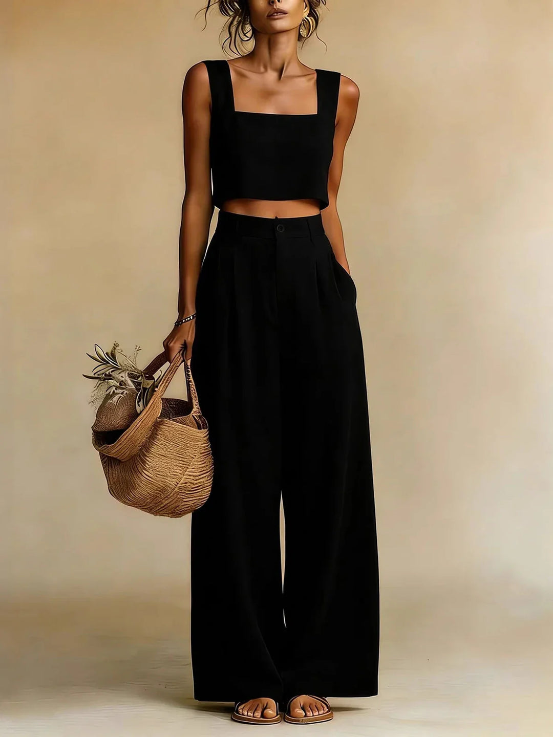 Crop Top &amp; Palazzo Pants Womens Set, Square-Neck