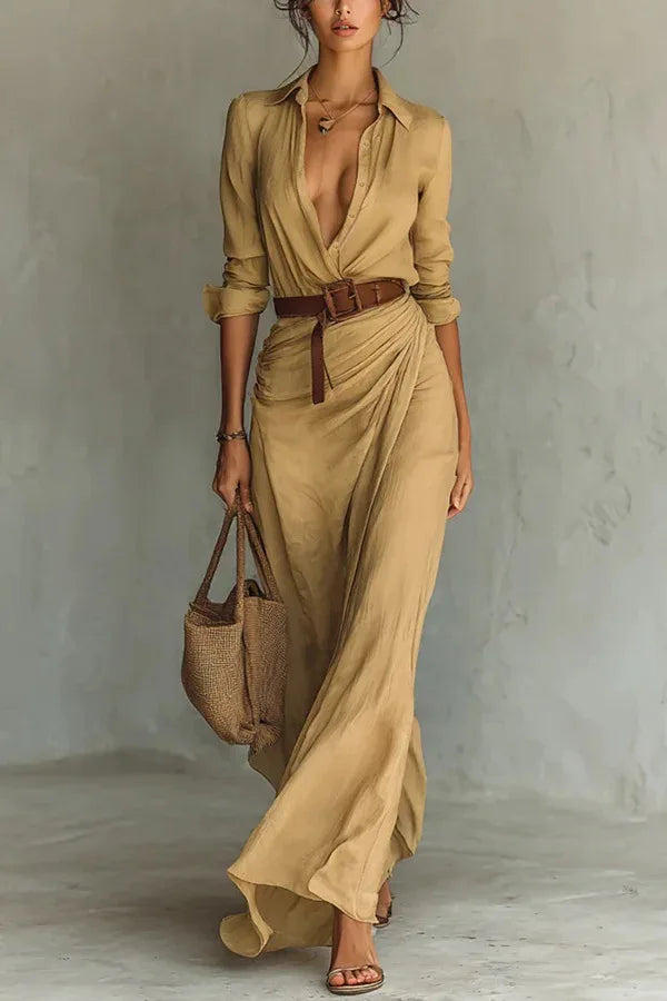 V-Neck Tie-Waist Womens Wrap Maxi Dress, Pleated Flow