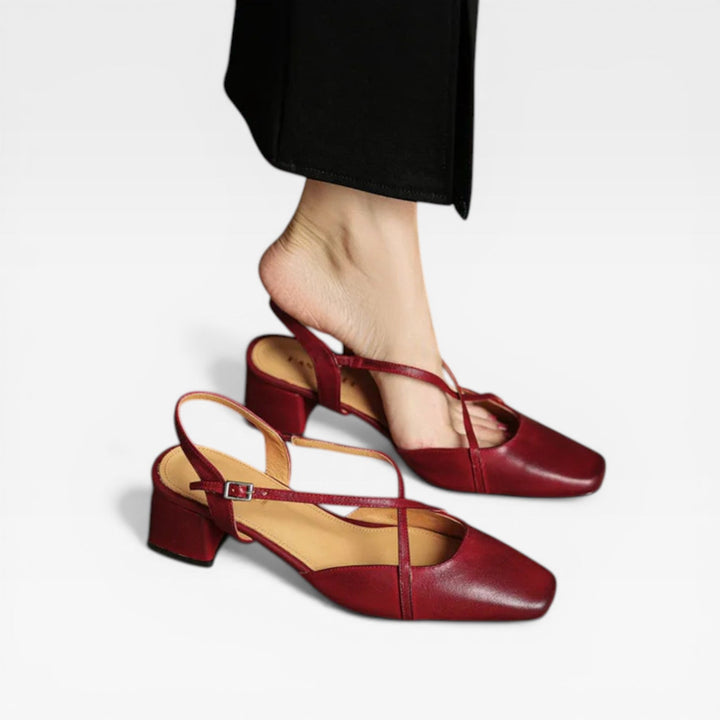 Leather Block-Heel Closed-Toe Womens Slingbacks, Buckle