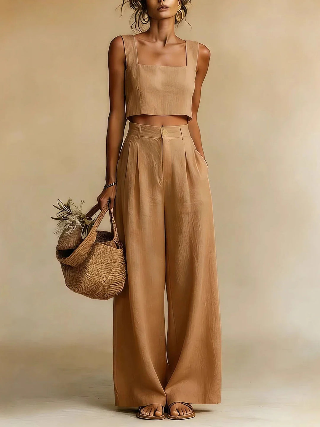 Crop Top &amp; Palazzo Pants Womens Set, Square-Neck