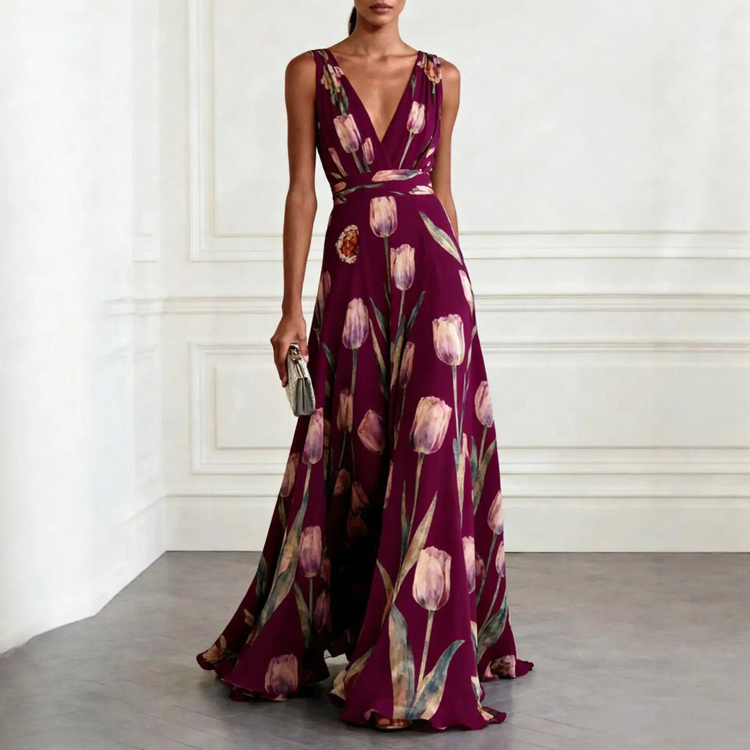 Tulip Print Chiffon Womens Maxi Dress, V-Neck Sleeveless