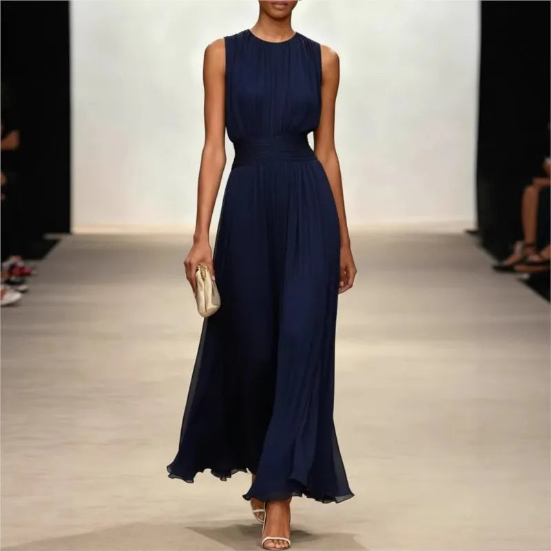 Pleated Sleeveless Flowy Womens Maxi Dress, Occasion