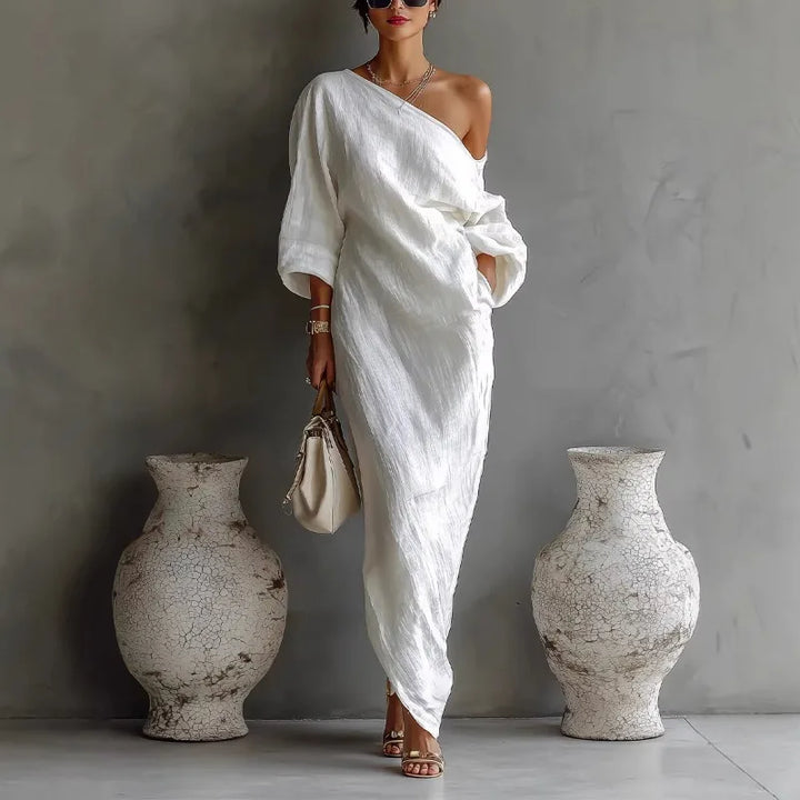 One-Shoulder Batwing Womens Midi Dress in Linen Blend