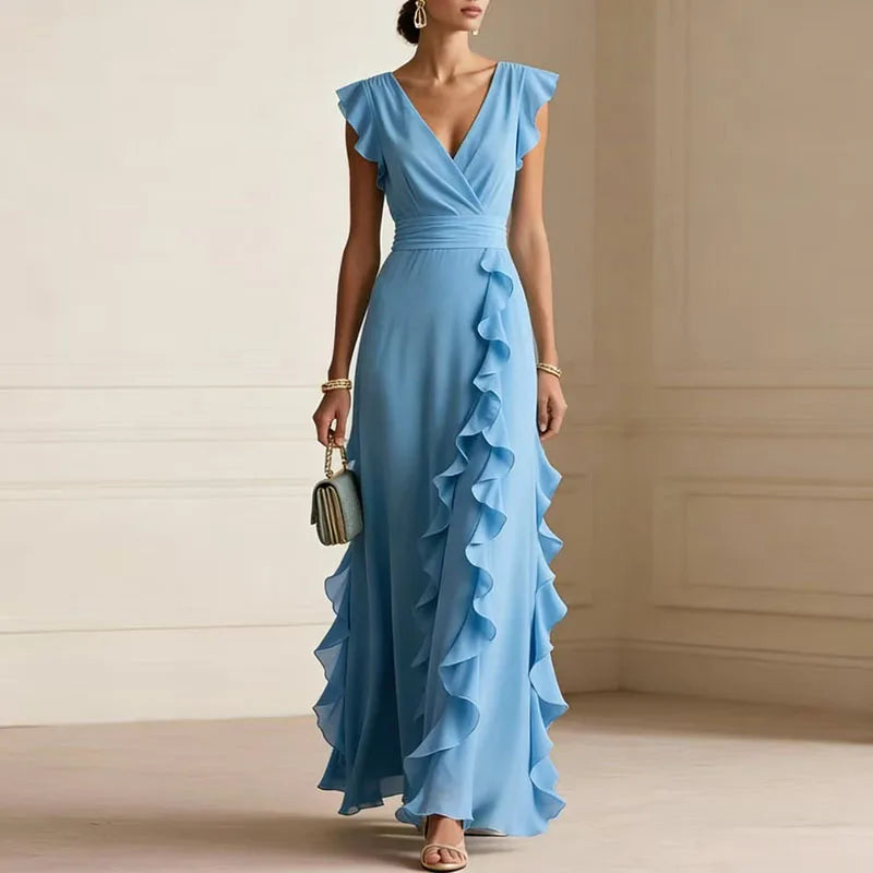Deep V-Neck Ruffle Womens Maxi Dress, Butterfly Sleeve
