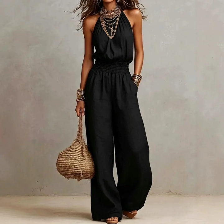 Halter Womens Wide-Leg Jumpsuit, Elastic Waist Flowy