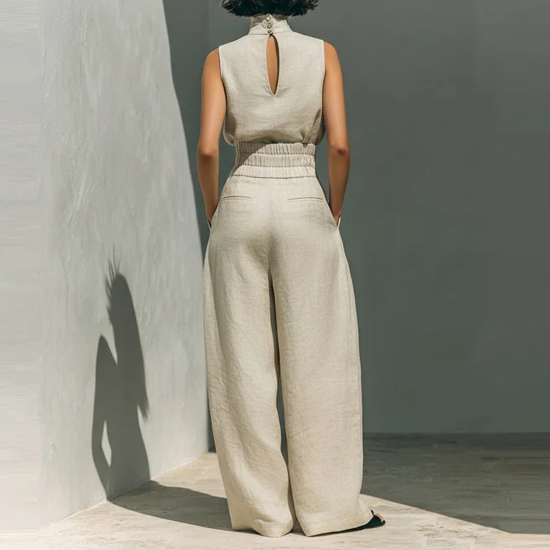 Linen Womens Two-Piece Set, Top &amp; Wide-Leg Pants, Relaxed