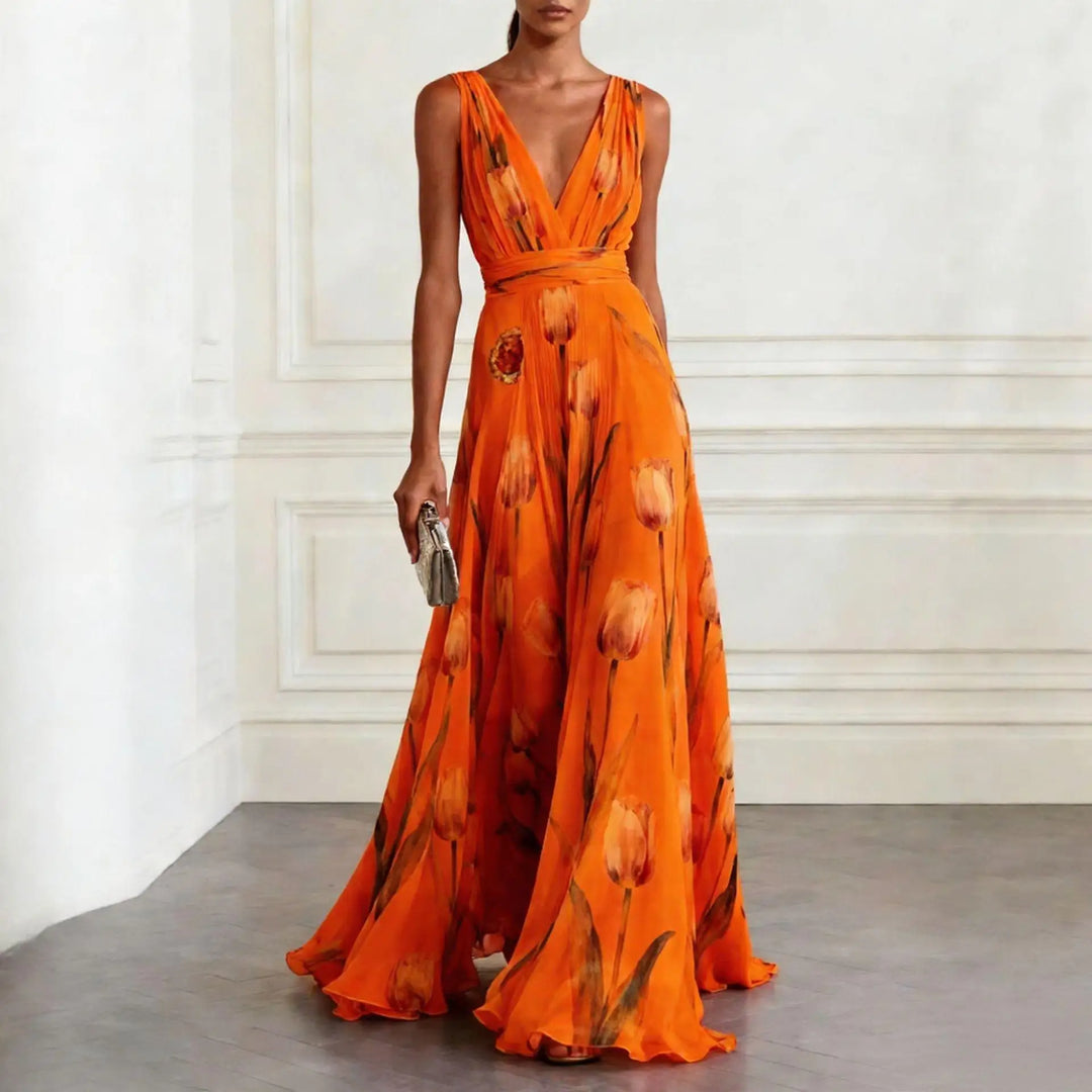 Tulip Print Chiffon Womens Maxi Dress, V-Neck Sleeveless