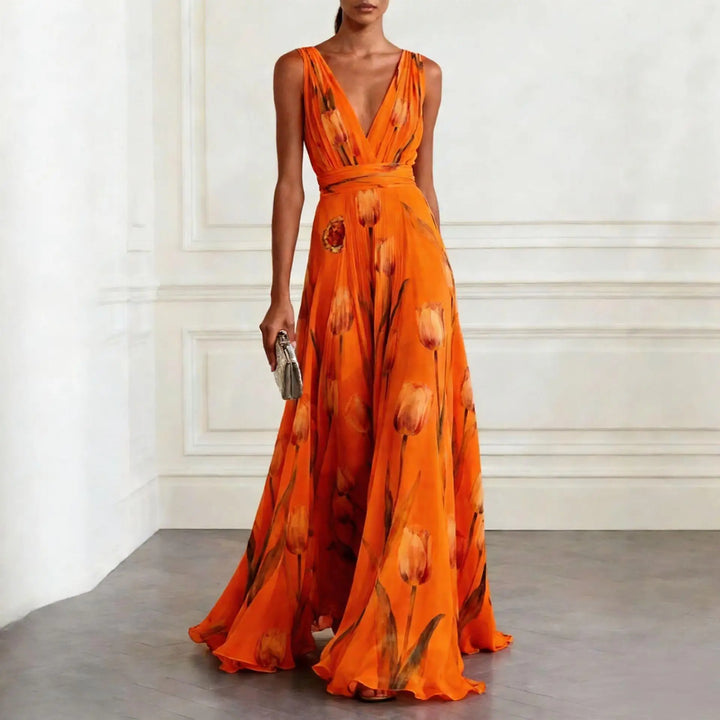 Tulip Print Chiffon Womens Maxi Dress, V-Neck Sleeveless