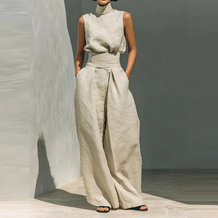 Linen Womens Two-Piece Set, Top &amp; Wide-Leg Pants, Relaxed