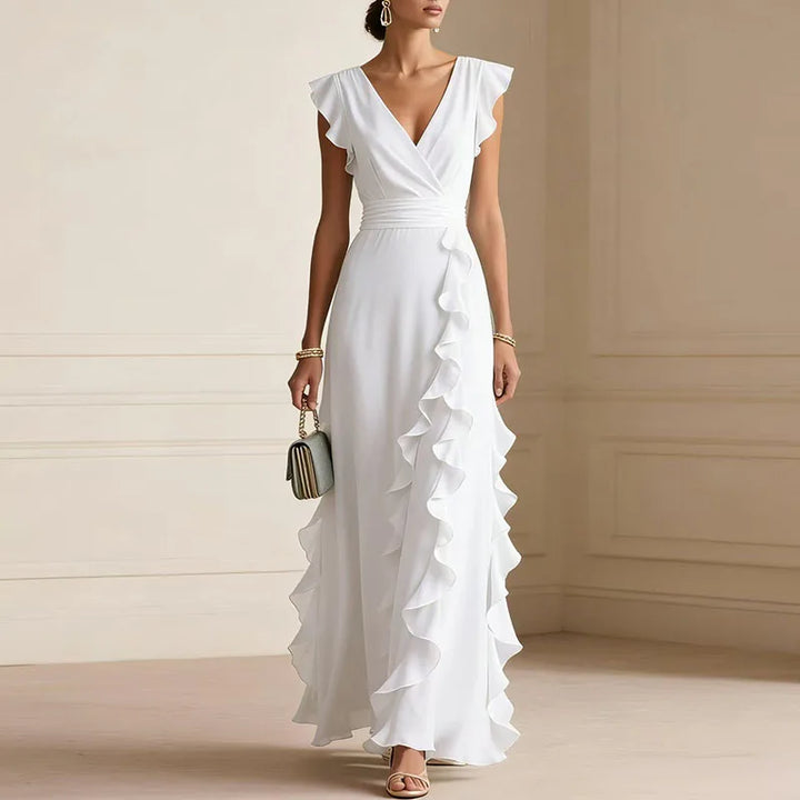 Deep V-Neck Ruffle Womens Maxi Dress, Butterfly Sleeve