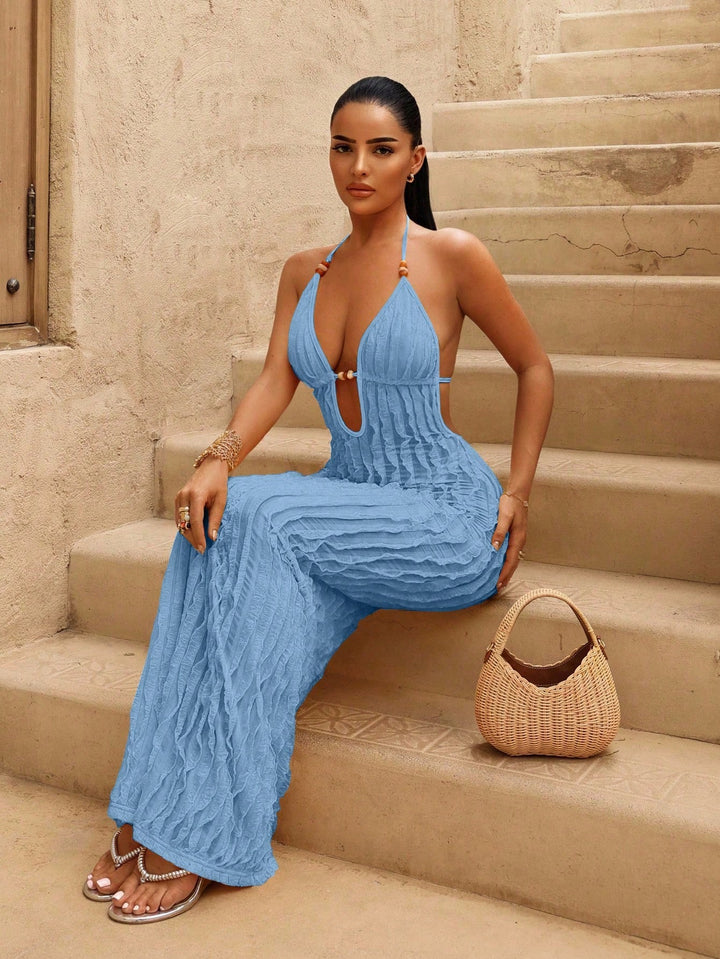 Deep V-Neck Fringe Womens Knit Maxi Dress, Beach Resort
