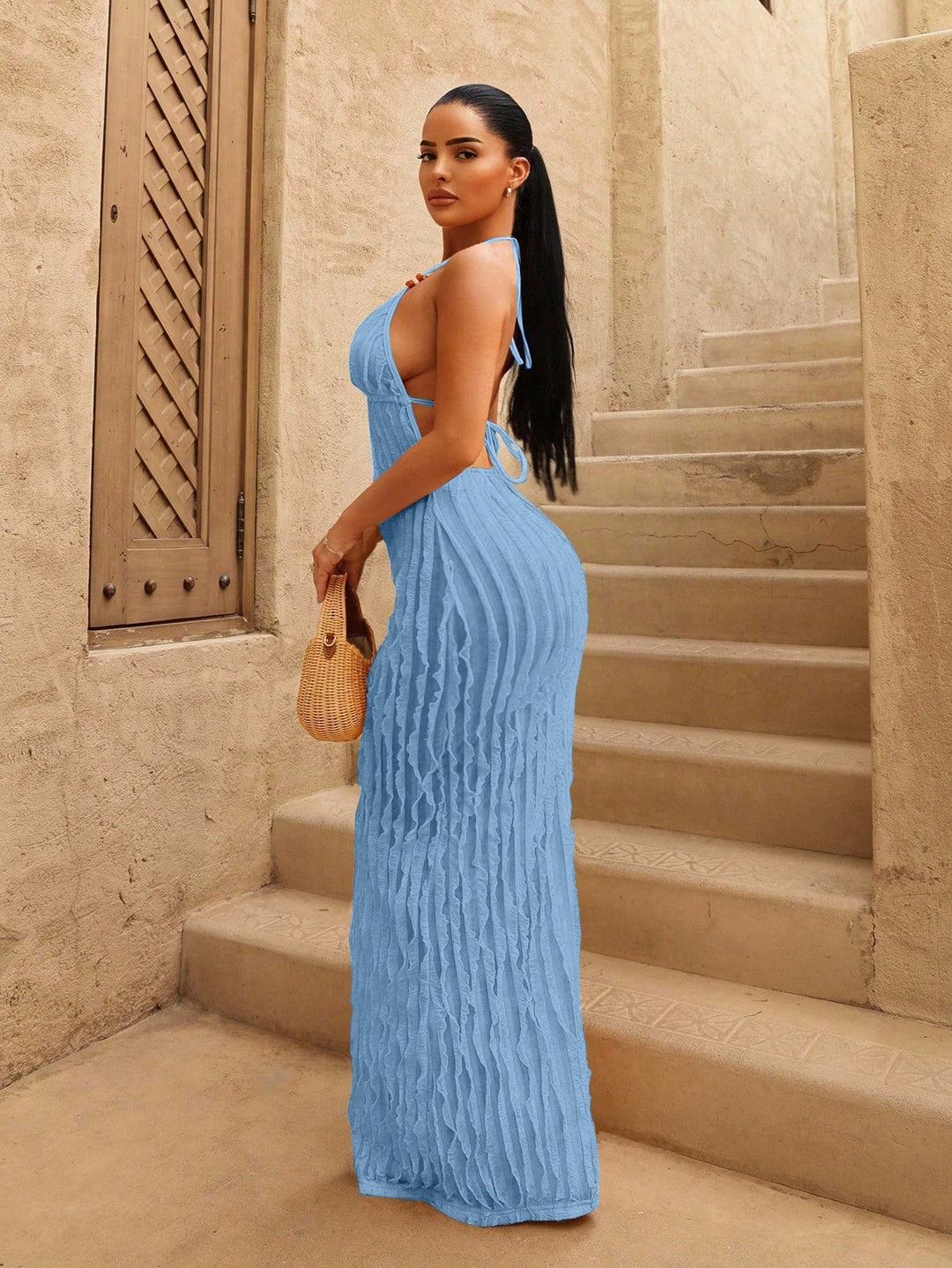 Deep V-Neck Fringe Womens Knit Maxi Dress, Beach Resort