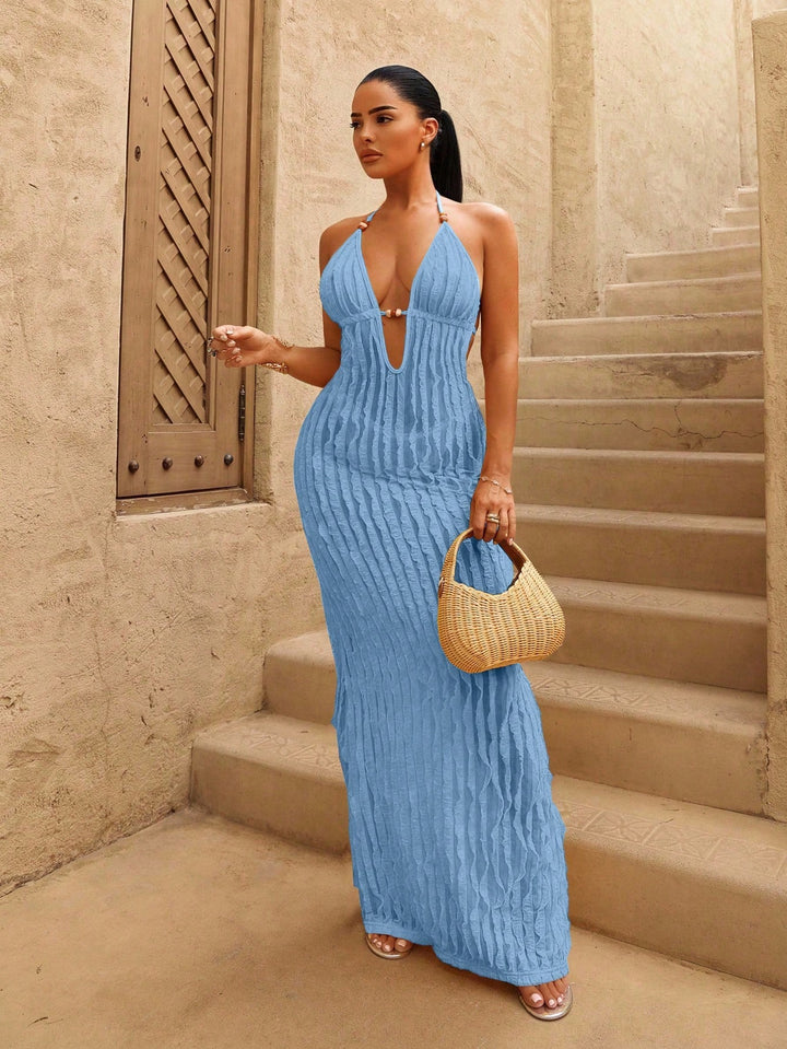 Deep V-Neck Fringe Womens Knit Maxi Dress, Beach Resort