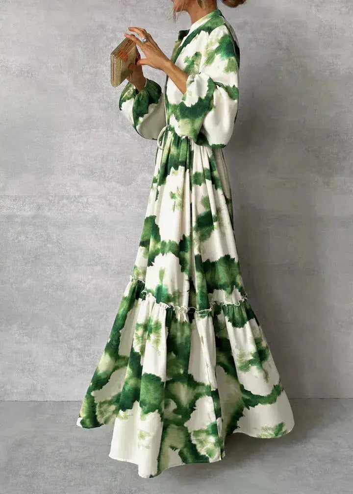 V-Neck Long-Sleeve Flowing Womens Maxi Dress, Polyester