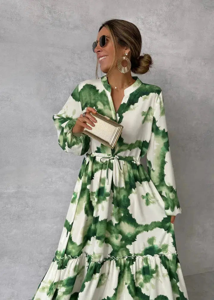 V-Neck Long-Sleeve Flowing Womens Maxi Dress, Polyester