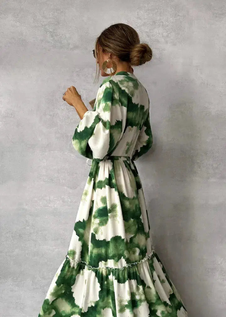 V-Neck Long-Sleeve Flowing Womens Maxi Dress, Polyester