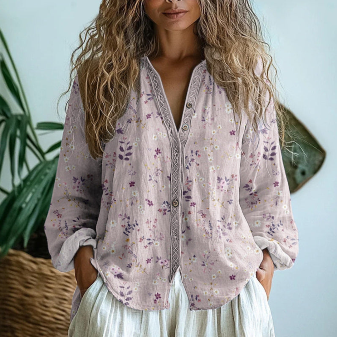 Linen Long-Sleeve Button-Down Womens Blouse, Relaxed