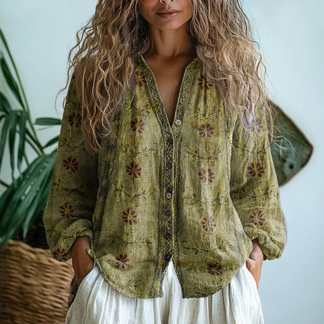 Linen Long-Sleeve Button-Down Womens Blouse, Relaxed