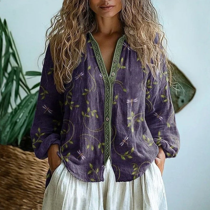 Linen Long-Sleeve Button-Down Womens Blouse, Relaxed