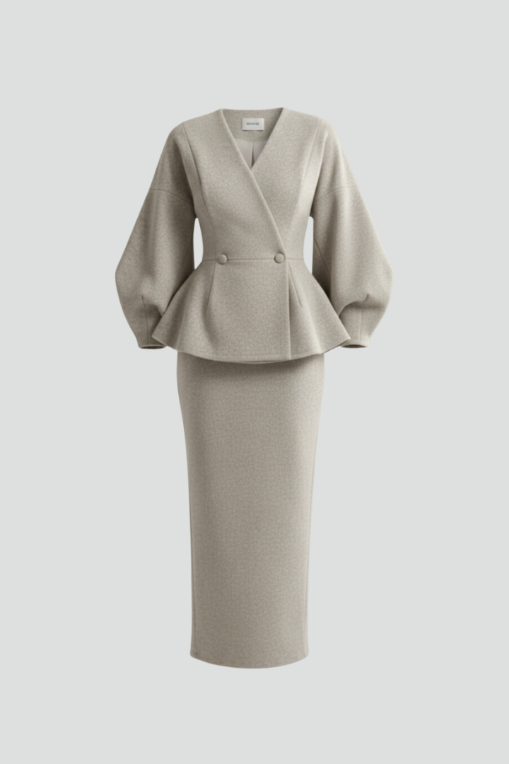 V-Neck Puff-Sleeve Blazer &amp; Womens Skirt Suit Set