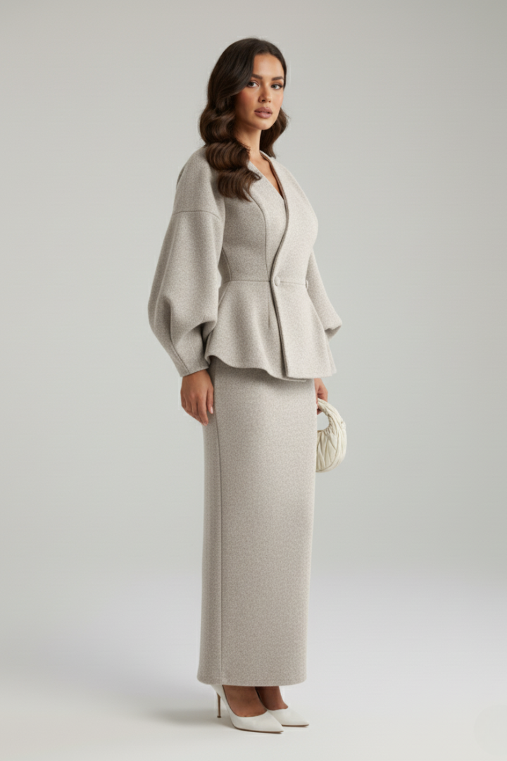 V-Neck Puff-Sleeve Blazer &amp; Womens Skirt Suit Set