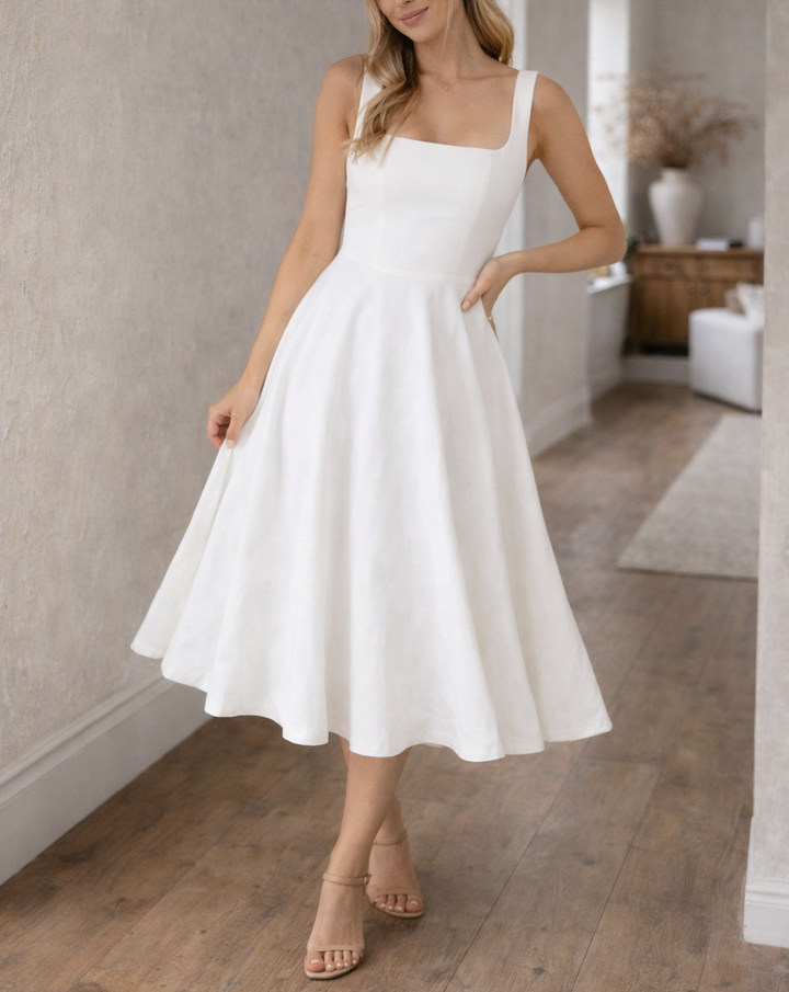 Sleeveless A-Line Womens Midi Dress, Fitted Bodice