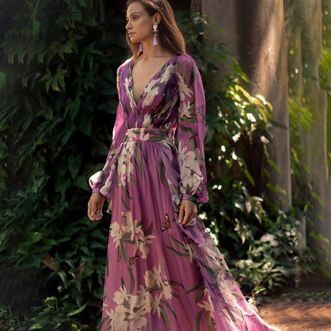 Floral Long-Sleeve Chiffon Womens Maxi Dress, V-Neck