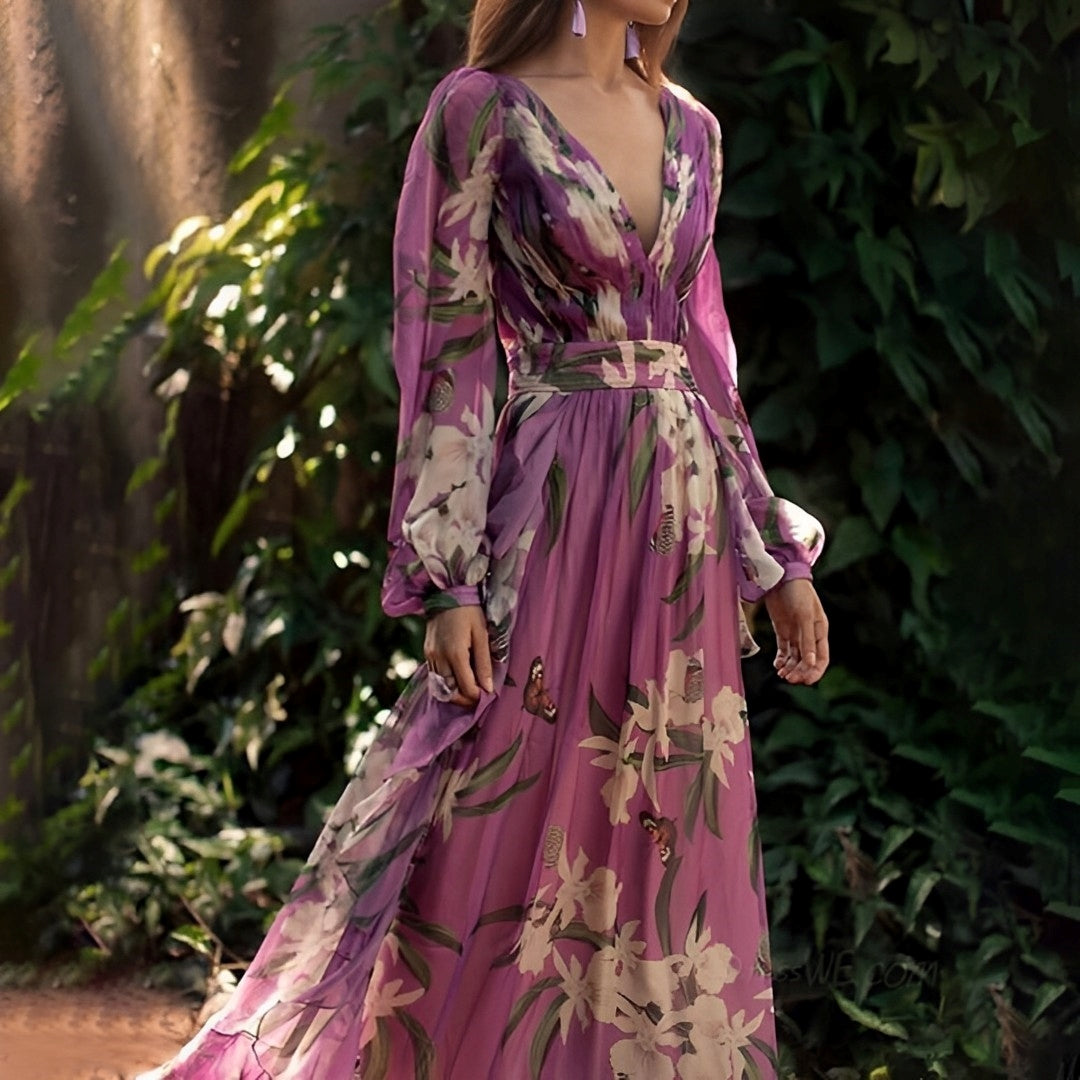 Floral Long-Sleeve Chiffon Womens Maxi Dress, V-Neck