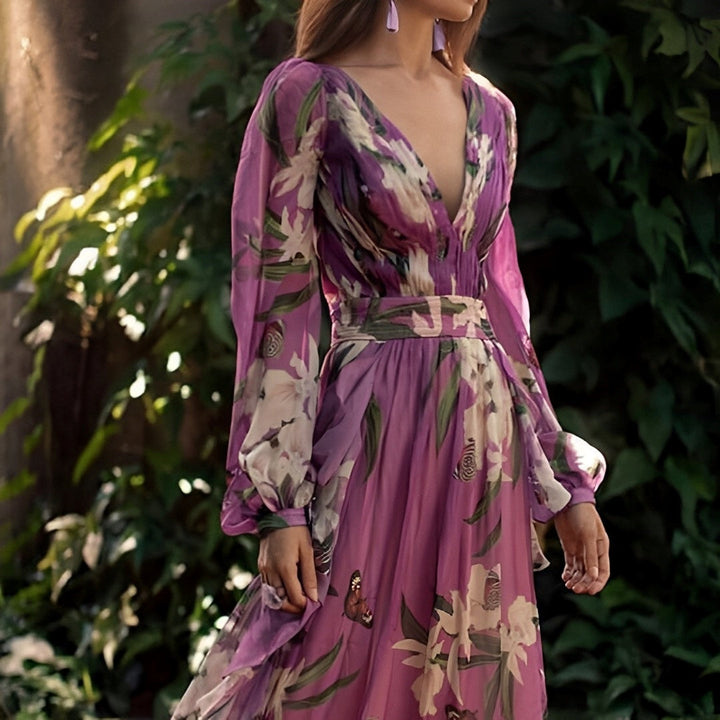 Floral Long-Sleeve Chiffon Womens Maxi Dress, V-Neck