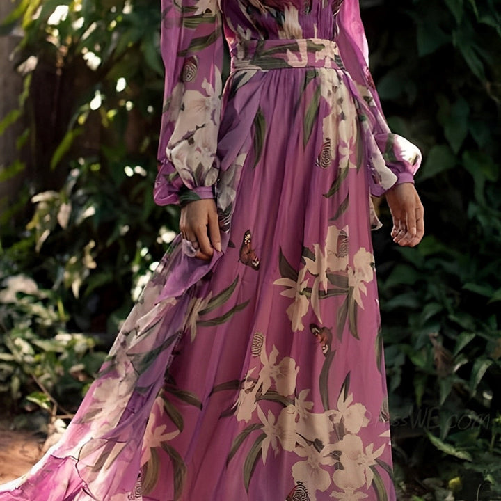 Floral Long-Sleeve Chiffon Womens Maxi Dress, V-Neck