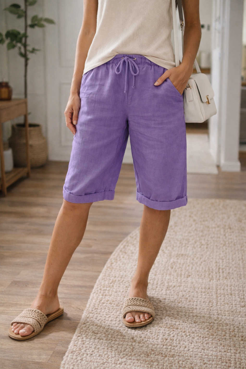 Knee-Length Drawstring Womens Bermuda Shorts, Relaxed